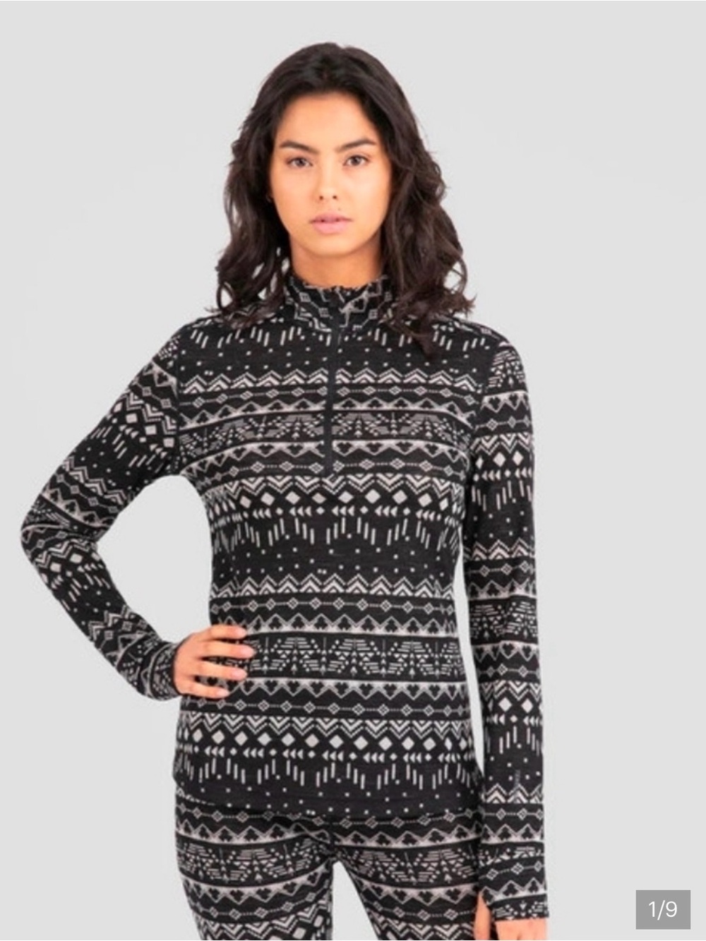 Terramar Woolskins Black White Aztec Patterned Quarter-Zip Pull Over Top Sz M
